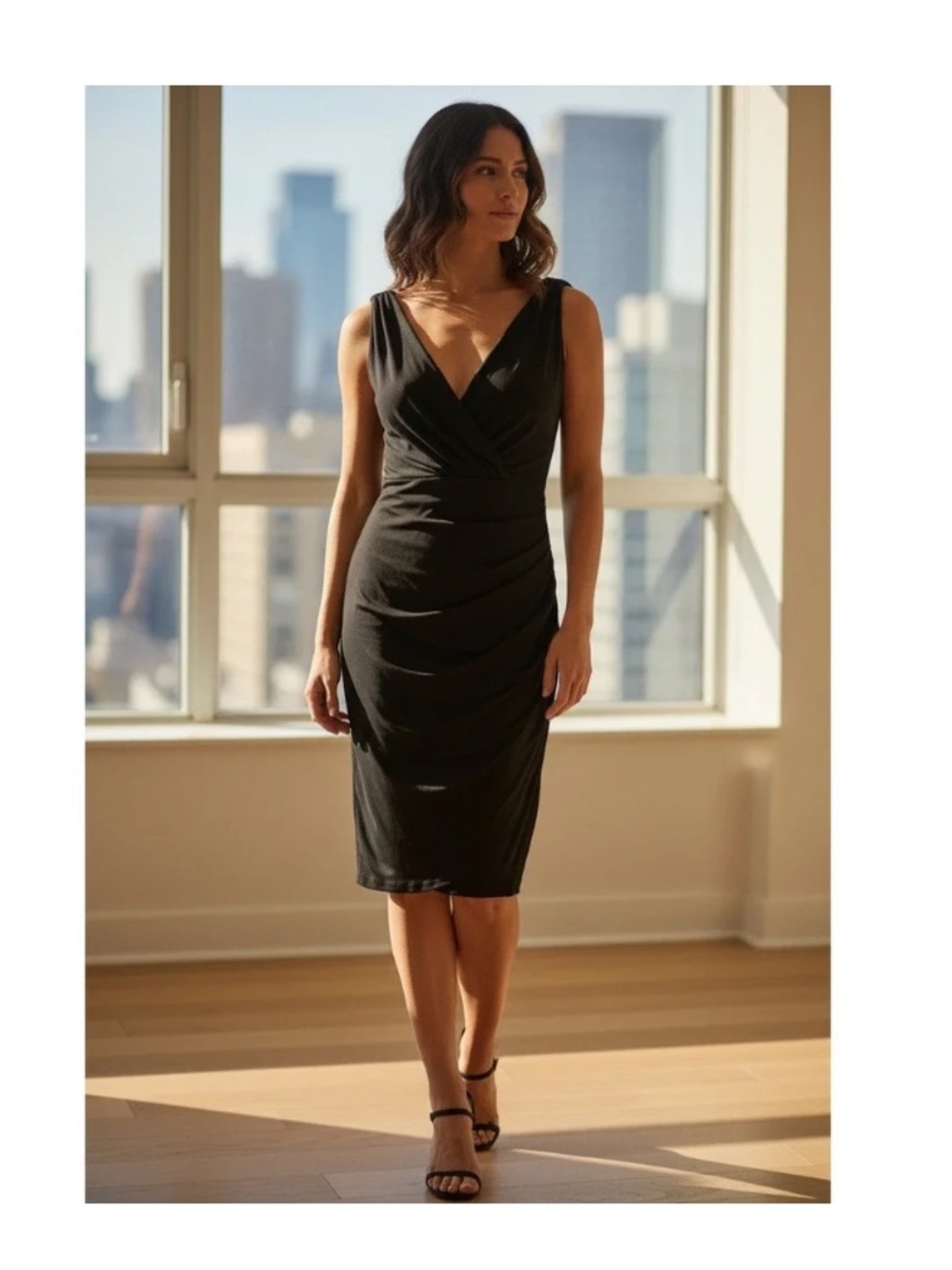 Ralph Lauren Black V-Neck Ruched Midi Dress